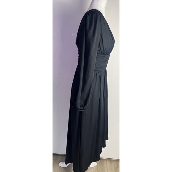 Anthropologie Gwendolyn Deep V-Neck Long Puff Sleeve Black‎ Midi Dress Sz 2 NWOT - Picture 4 of 12